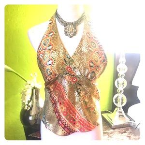 Beautiful silk Cache backless halter top.